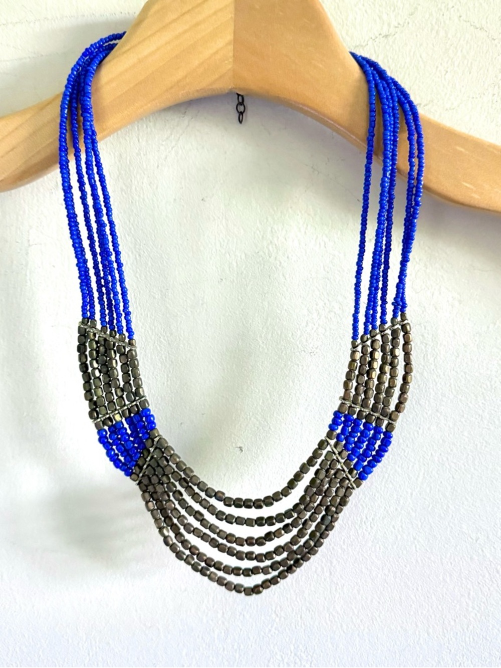Multi-Strand Beaded Blue and Bronze-Colored Bib Statement Necklace